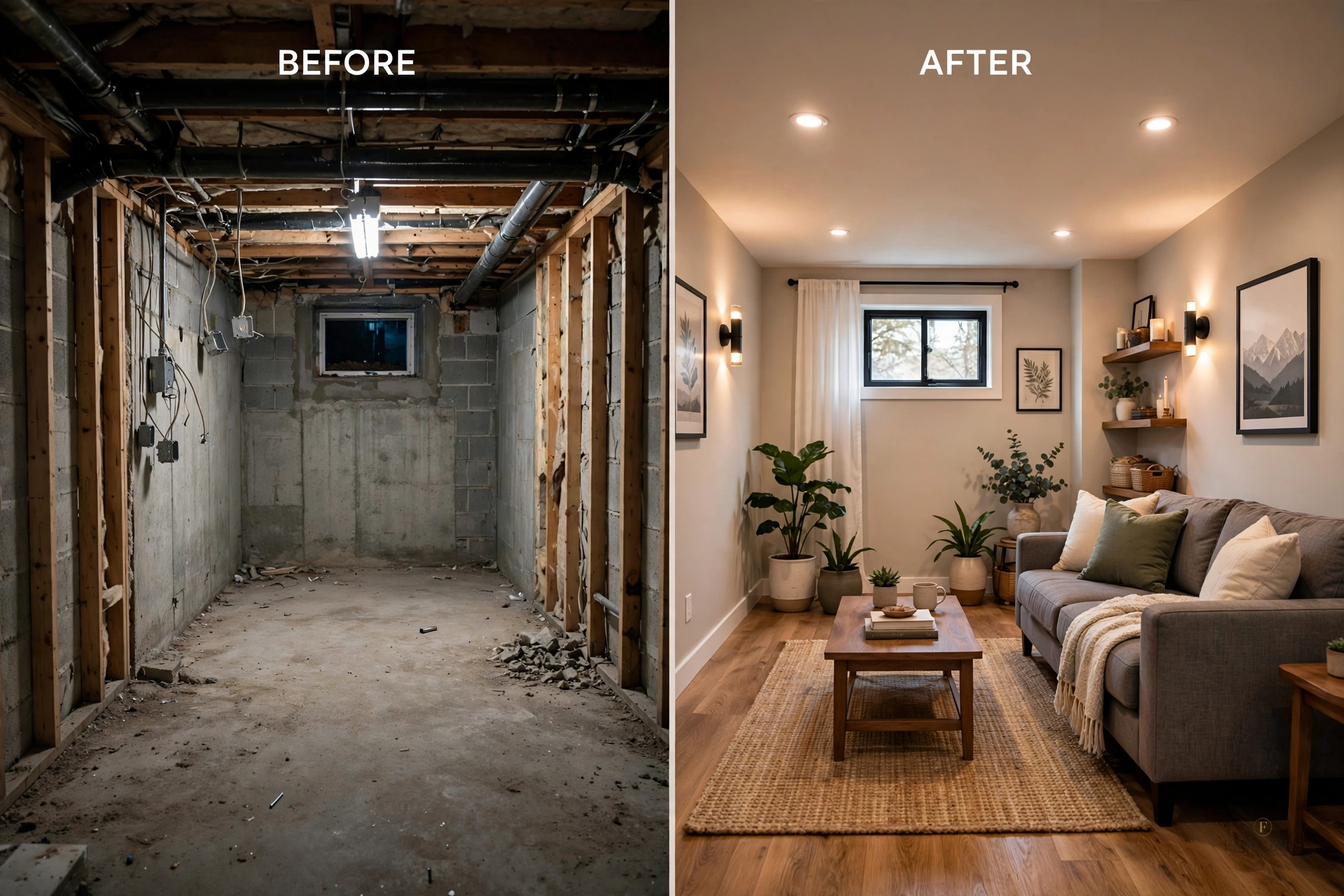 Rénovation de sous-sol — avant et après
