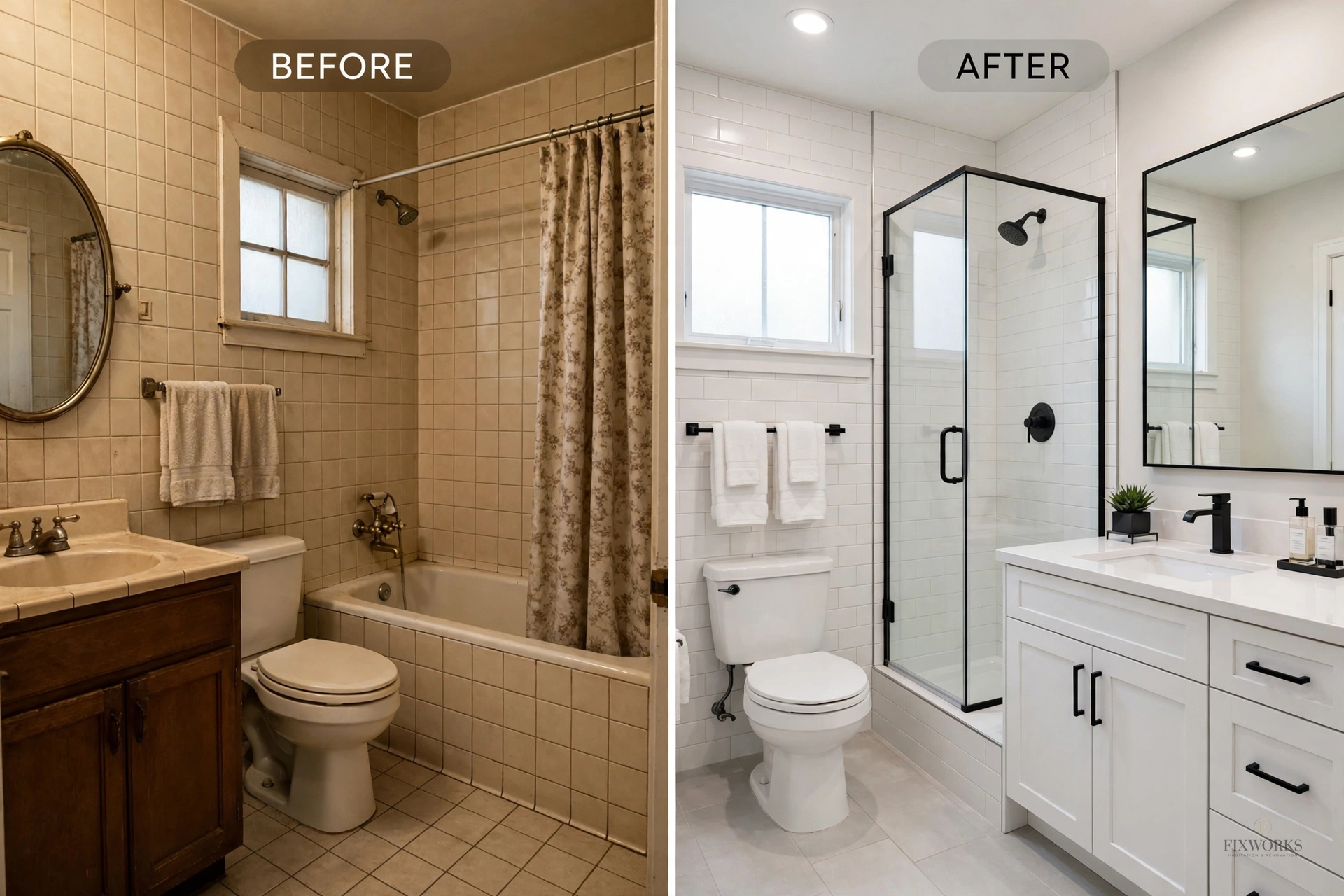 Rénovation complète de salle de bain — avant et après