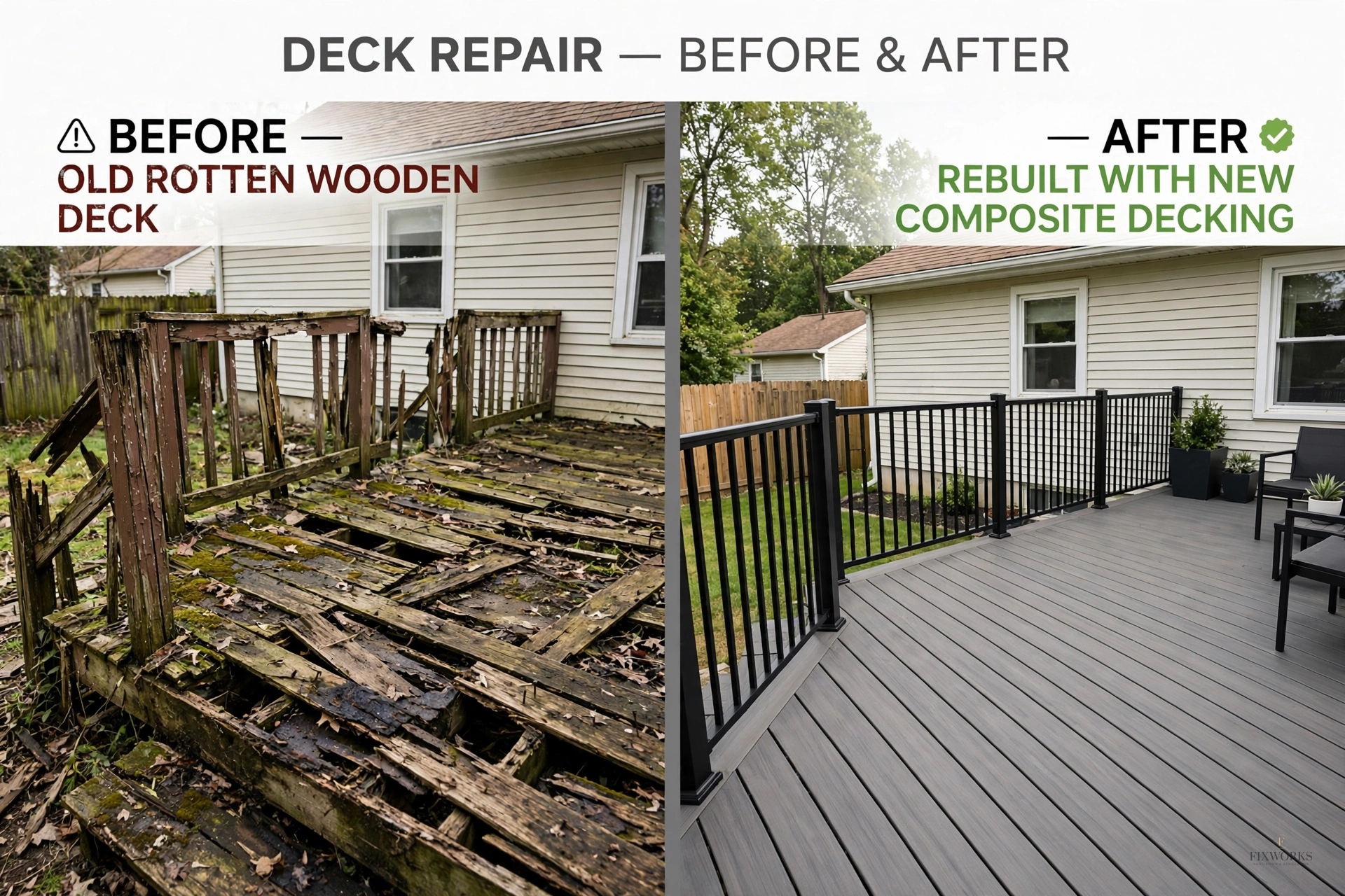 Reconstruction de terrasse — avant et après