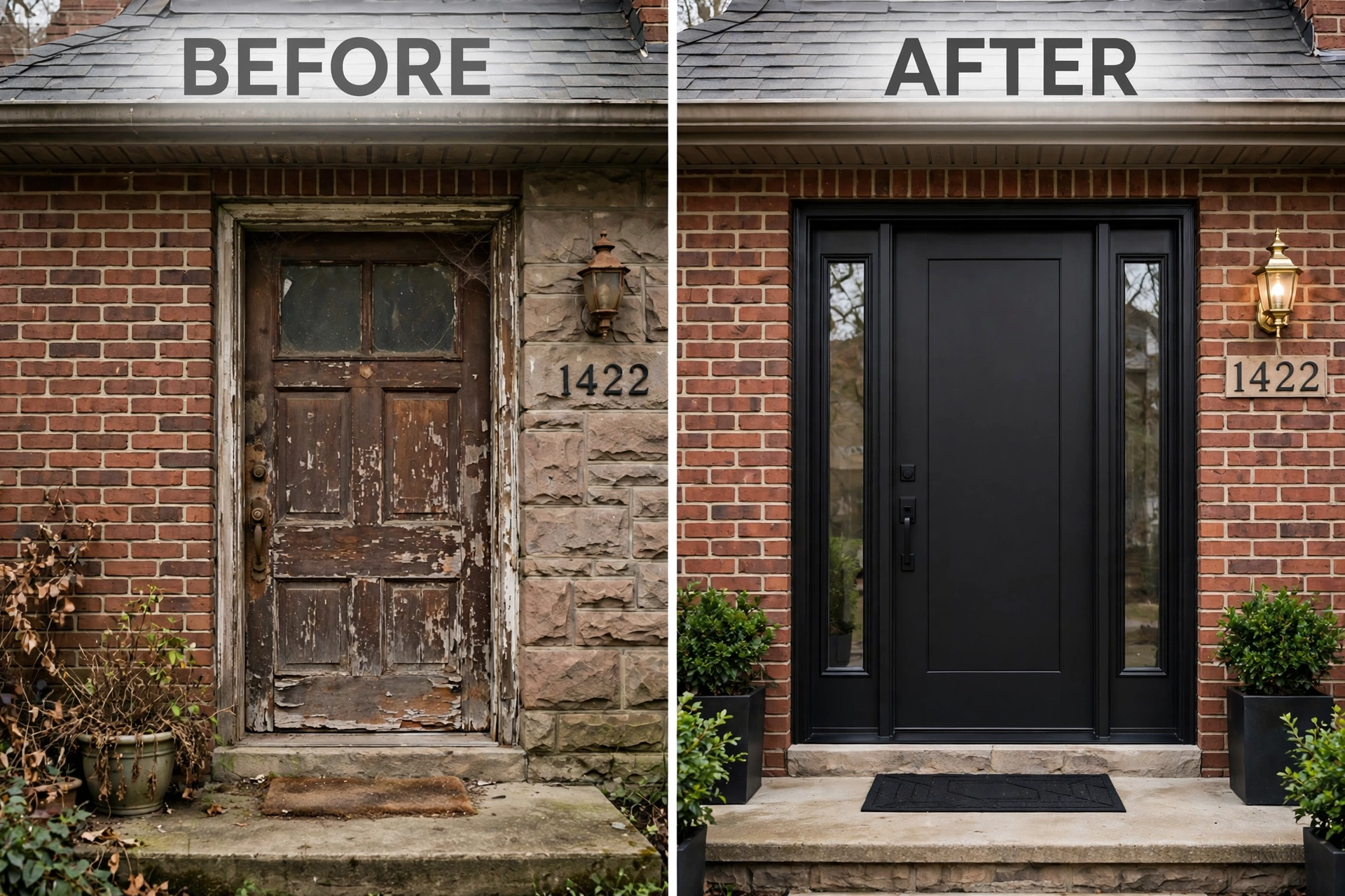 Remplacement de porte d'entrée — avant et après