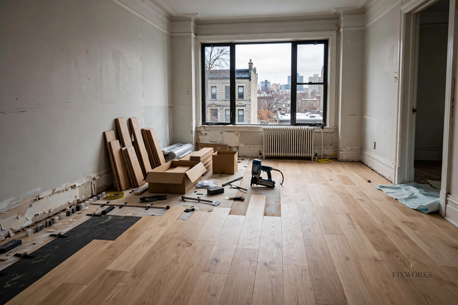 Installation de plancher de bois franc — condo à Montréal