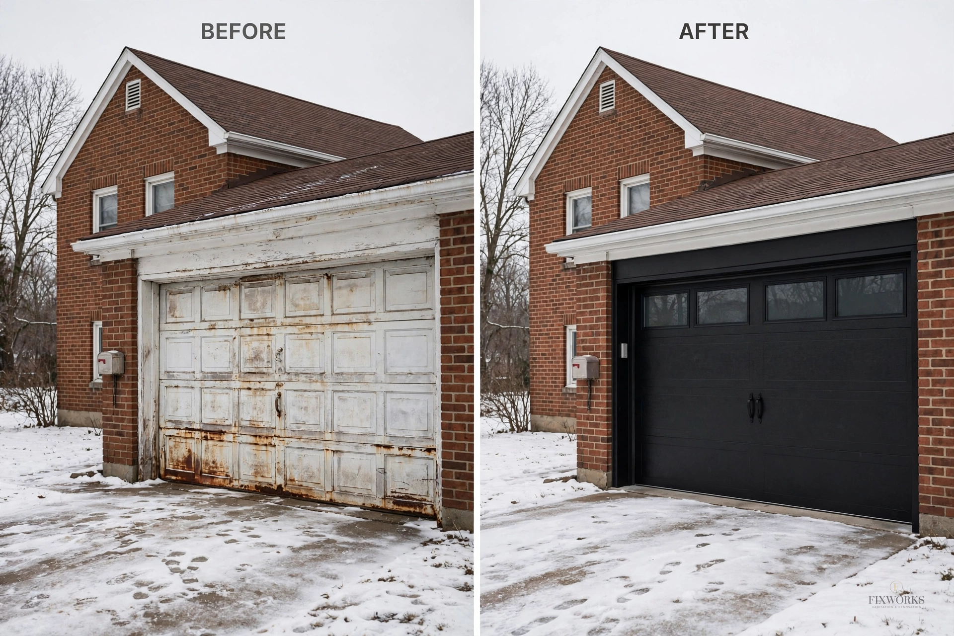 Remplacement de porte de garage — avant et après