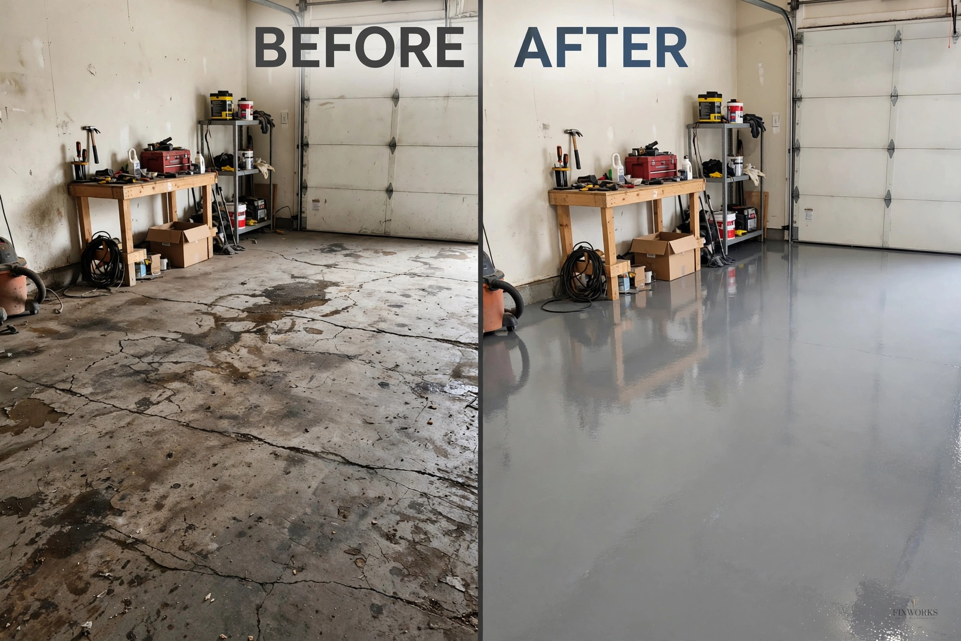 Revêtement de plancher de garage — avant et après